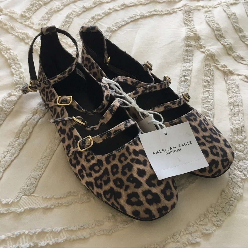 American Eagle Outfitters Leopard-Print Buckled Ankle Flats - Tan & Black 8
